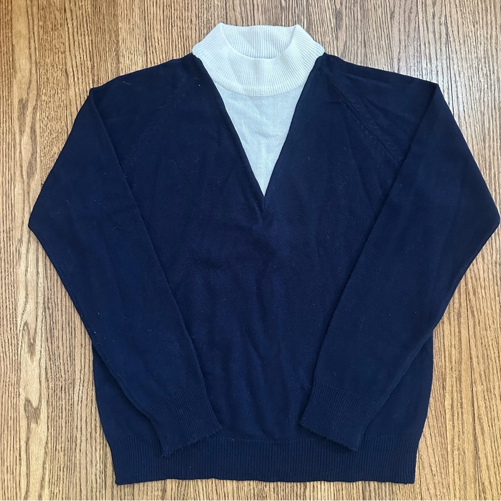 60s Beatles Sweater Navy Blue Mock V Turtle Neck 38 British Invasion Mod Beatnik